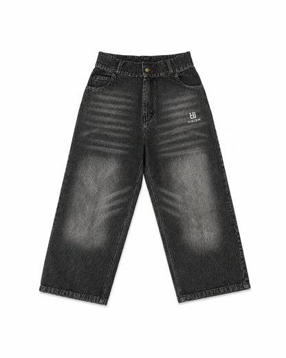 HAISH Washed Black Wide Leg Jeans | Baggy Straight Fit Denim with Logo