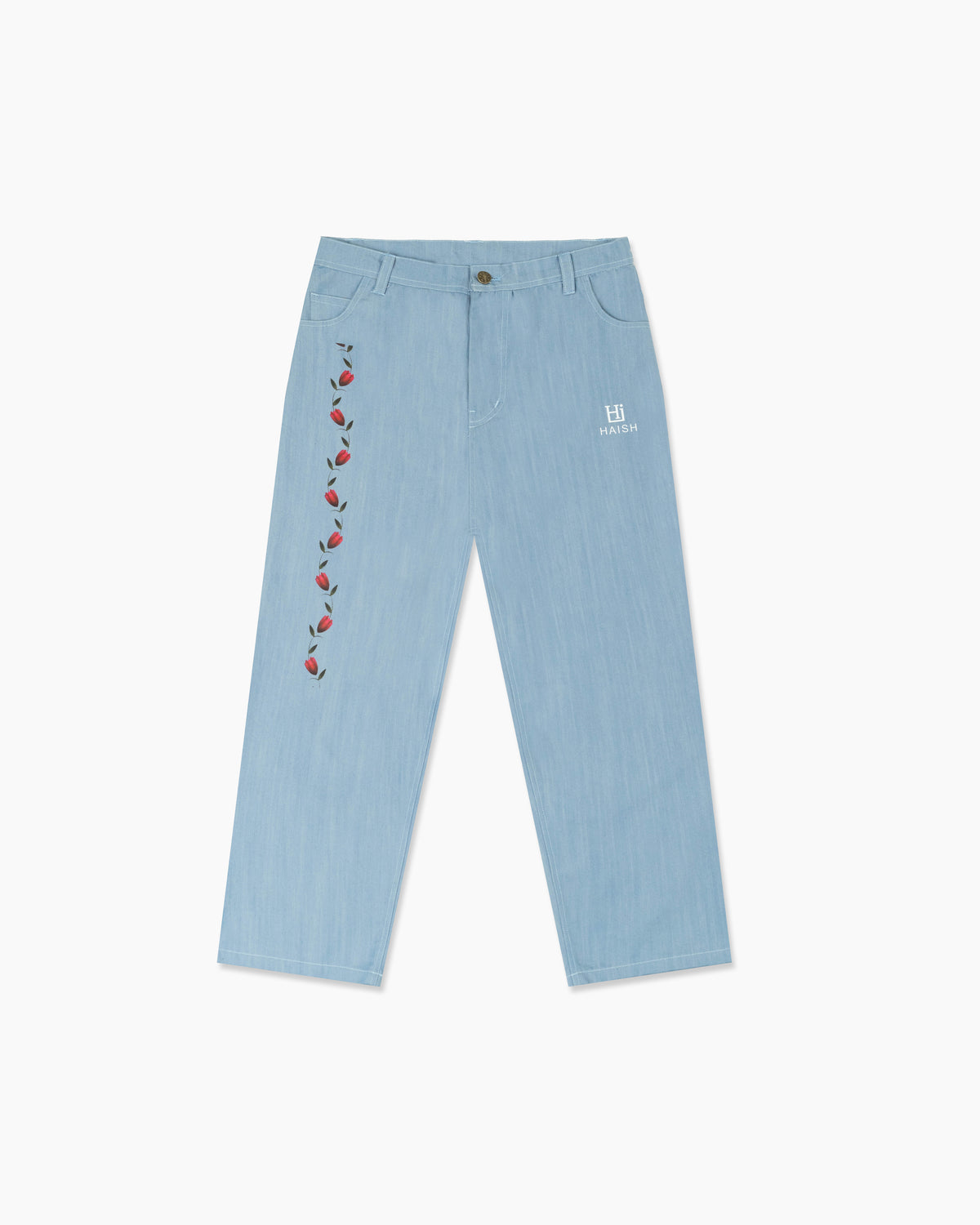 HAISH Tulip Embroidered Wide-Leg Denim - Light Wash