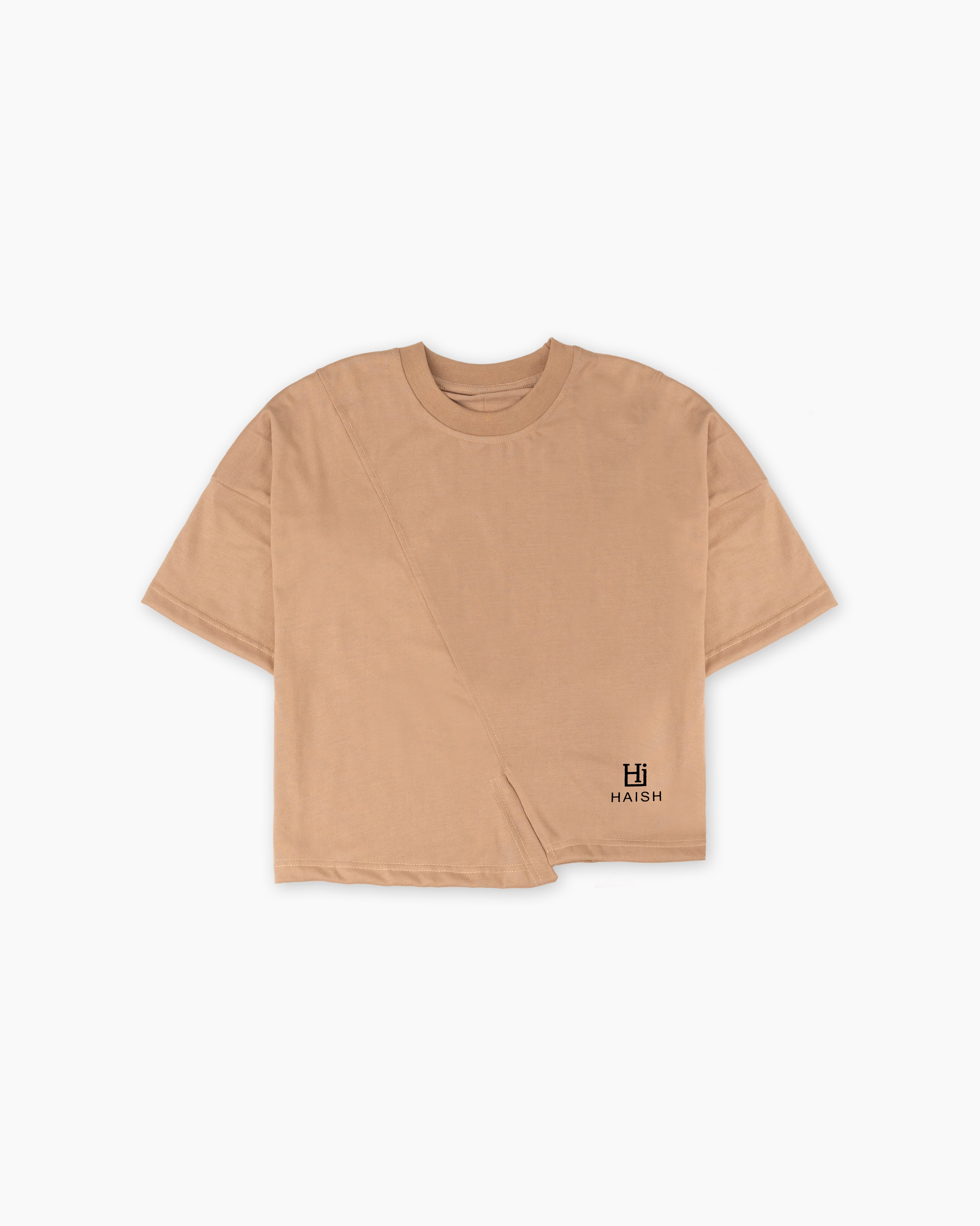 HAISH Beige Boxy Fit Asymmetric Tee | Women’s Minimal Logo Cropped T-Shirt