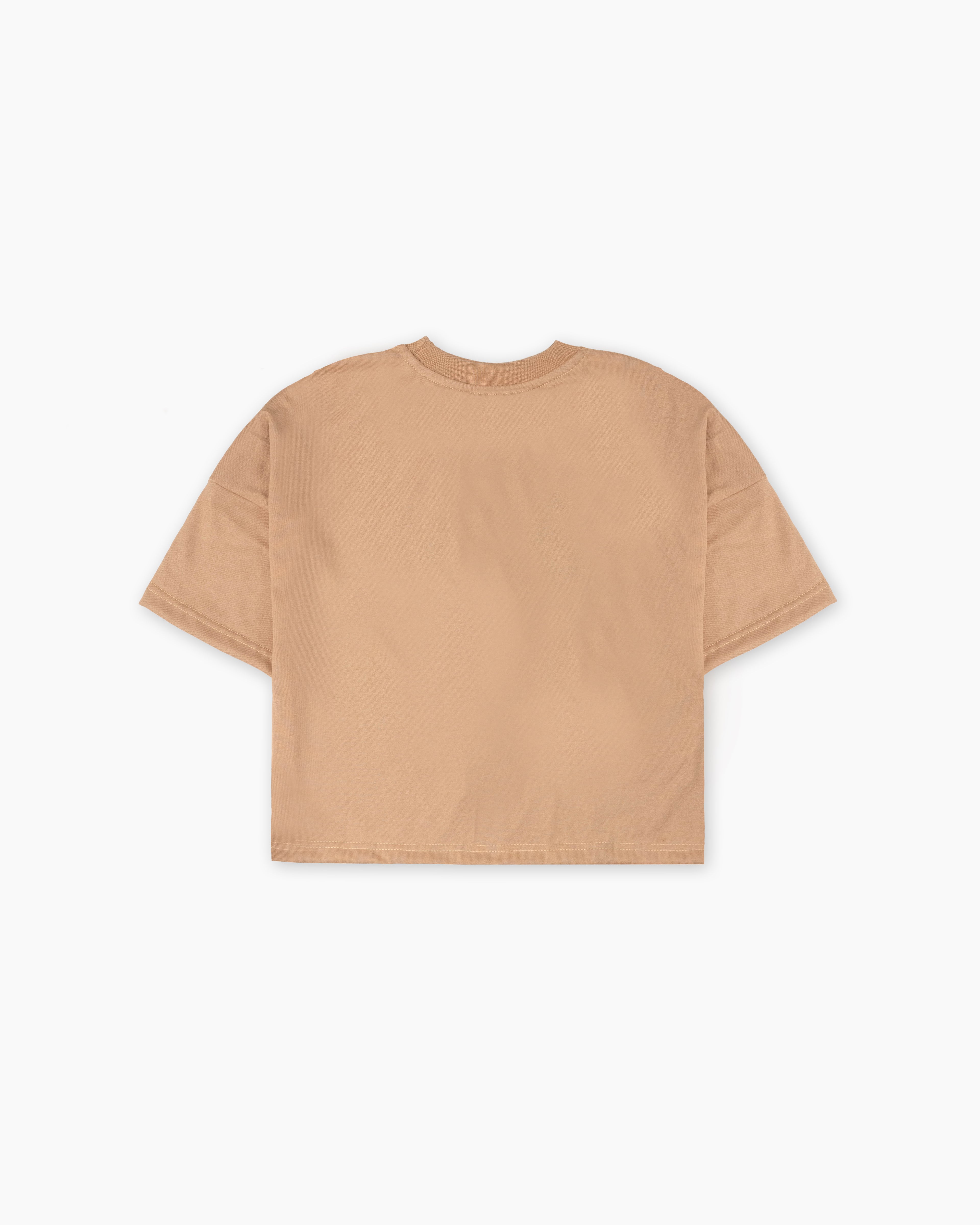 HAISH Beige Boxy Fit Asymmetric Tee | Women’s Minimal Logo Cropped T-Shirt